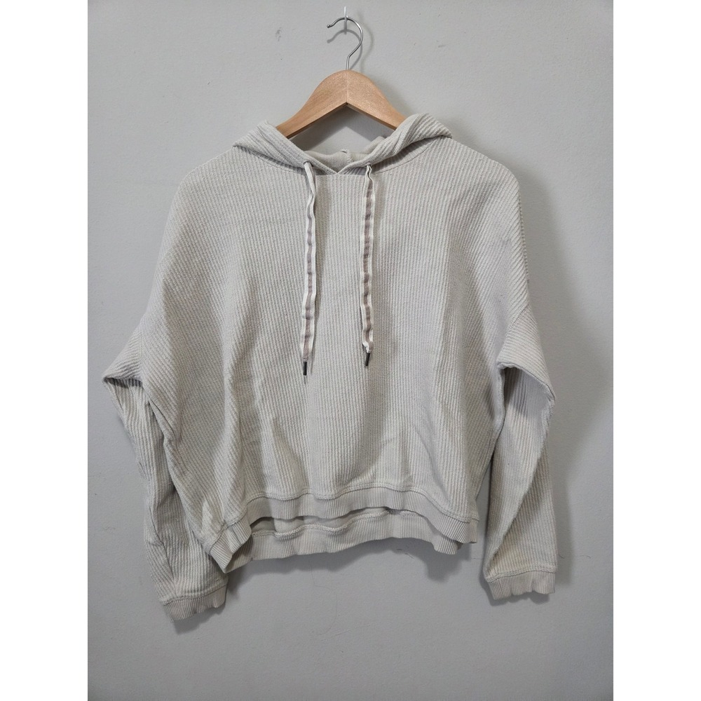 Aerie Women Cream Waffle Knit Hoodie Oversized Crop Fit Cotton Pullover Size M